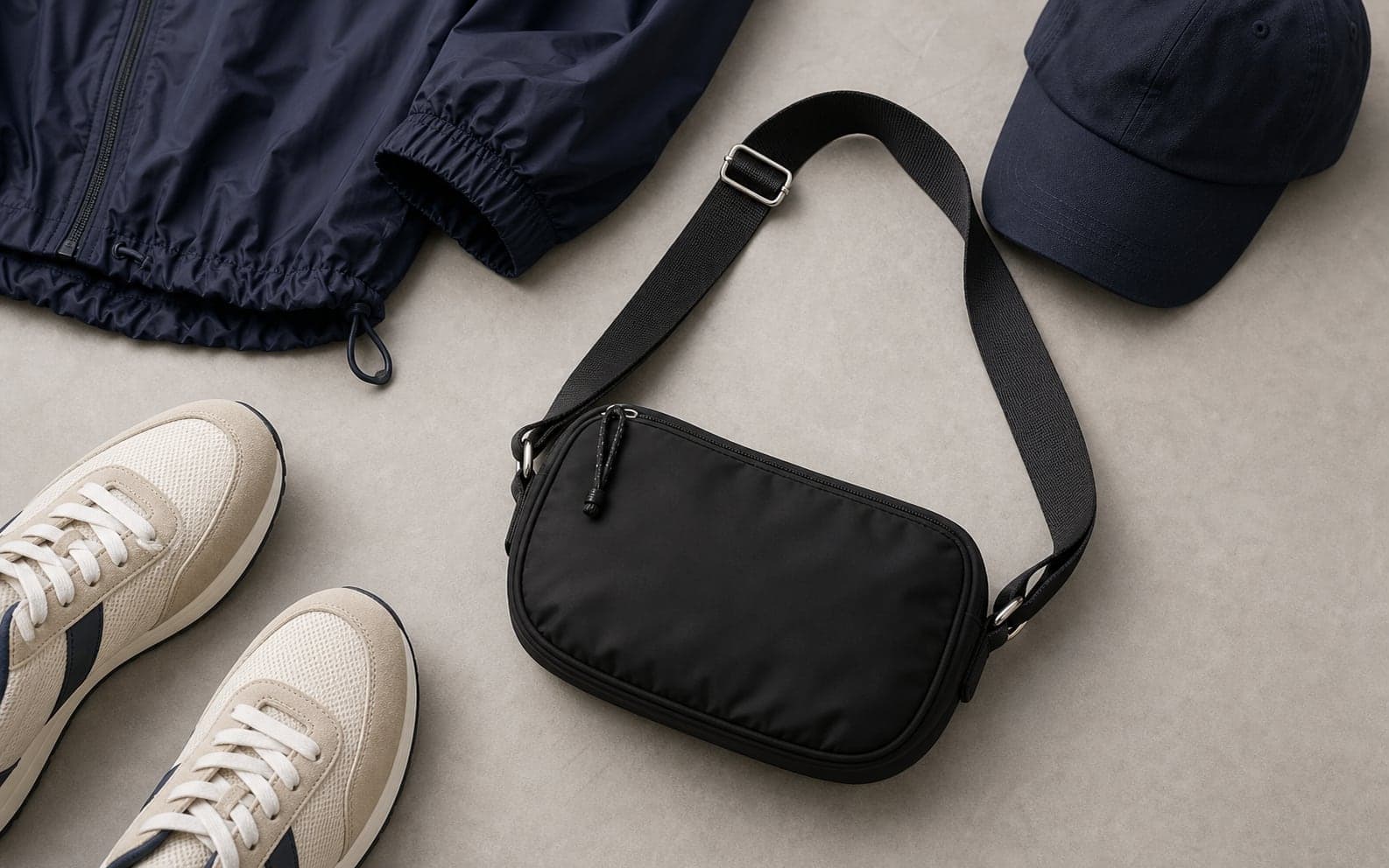 A compact black nylon crossbody bag arranged with a track jacket sleeve and retro sneakers.