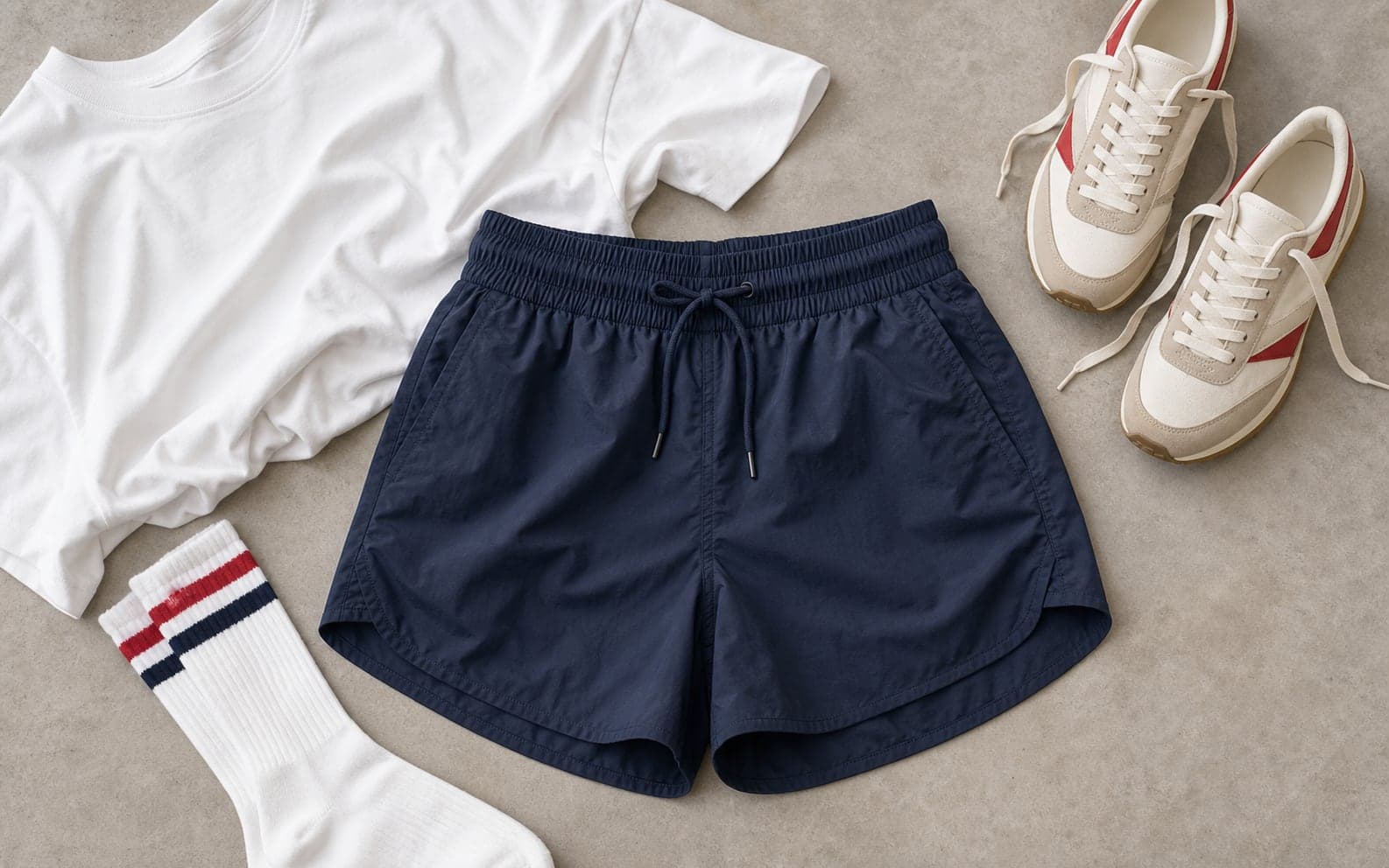 Navy nylon sport shorts arranged with an oversized white tee, tube socks, and retro sneakers.