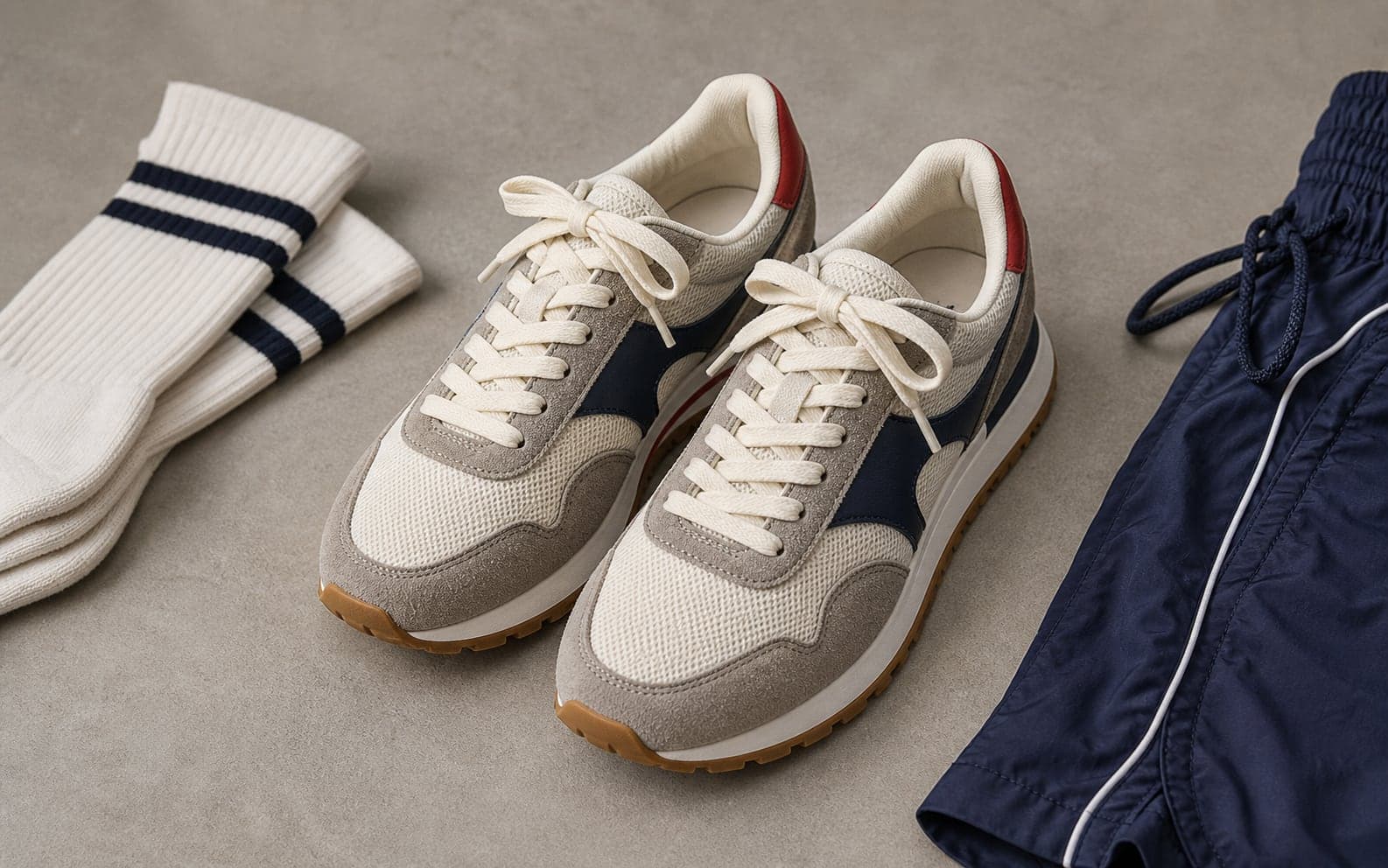 Cream, gray, and navy suede-and-mesh retro running sneakers arranged with tube socks.