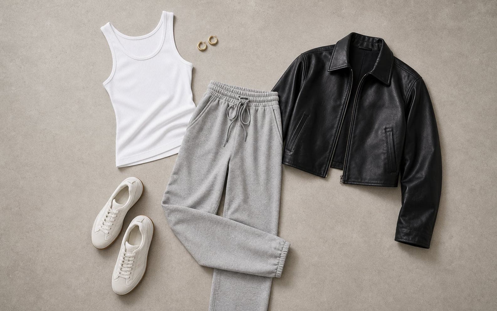 A complete outfit with a white tank, relaxed gray sweatpants, black cropped leather jacket, sleek trainers, and gold hoops.