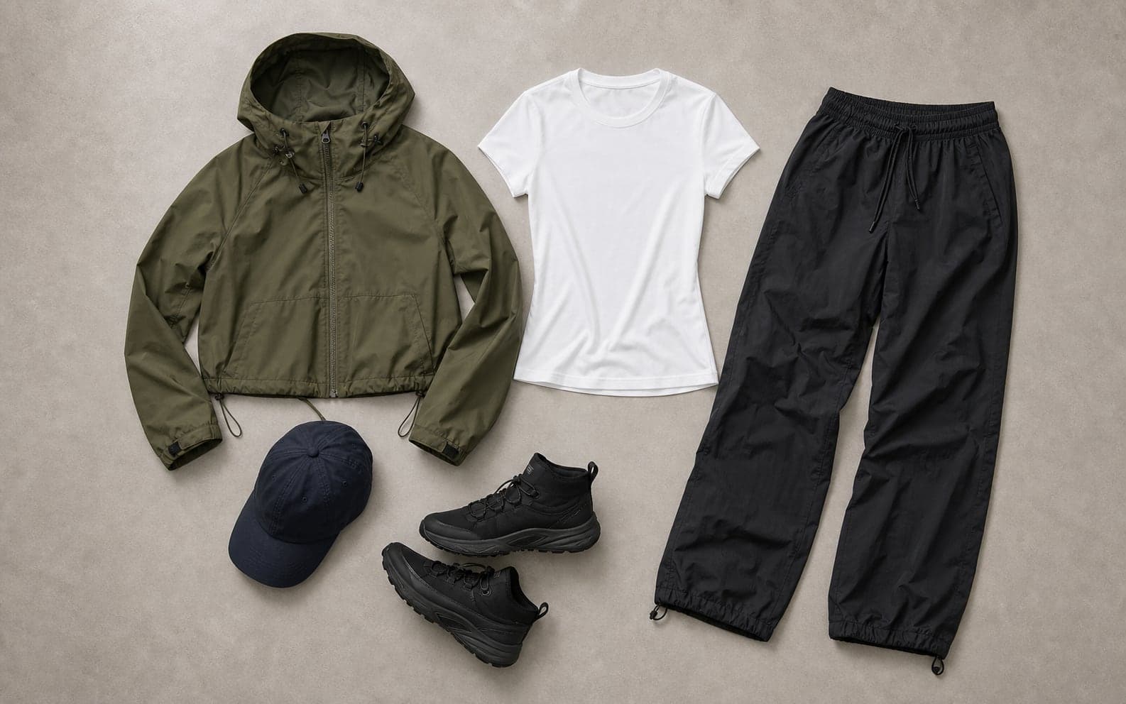 A complete weather-ready outfit with a fitted tee, black wind pants, cropped olive rain shell, cap, and waterproof sneakers.