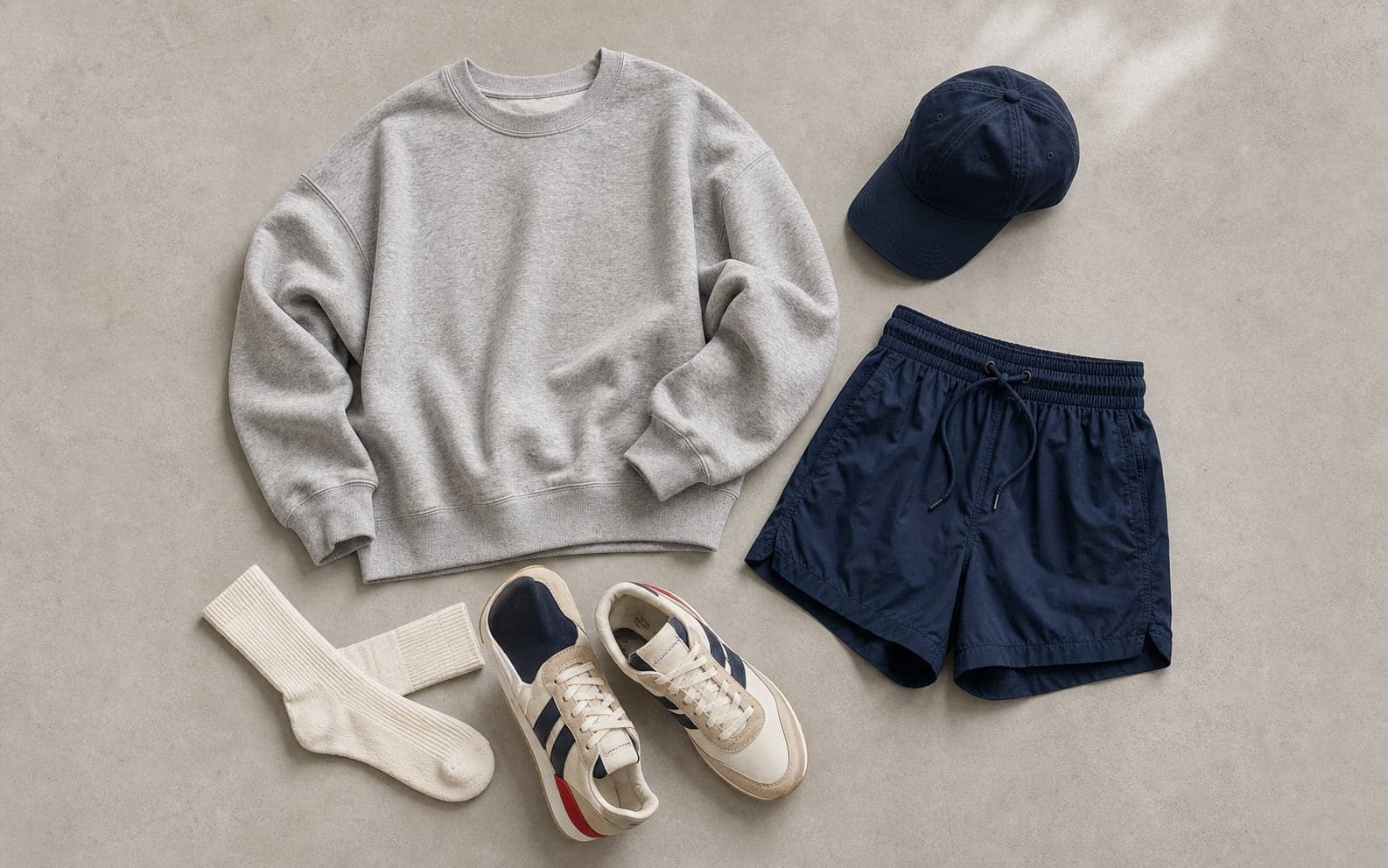 A complete outfit with a vintage gray crewneck, navy nylon shorts, tube socks, retro runners, and a baseball cap.