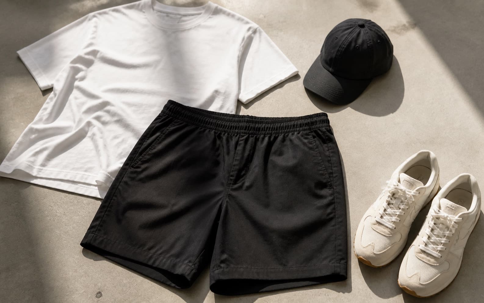 Structured black nylon athletic shorts laid with a white tee, cap, and cream sneakers.