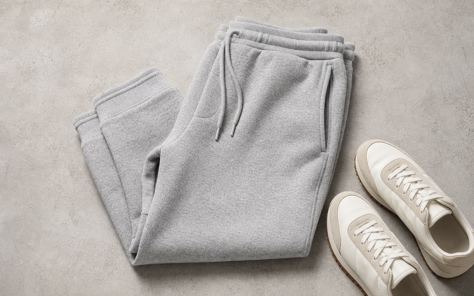 Heavyweight heather gray sweatpants folded beside clean cream sneakers.