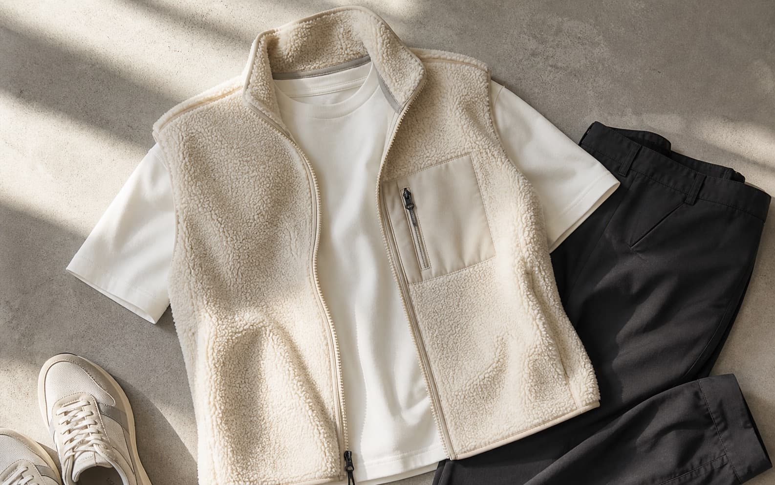 A cream fleece vest styled with a white T-shirt, dark pants, and clean sneakers.