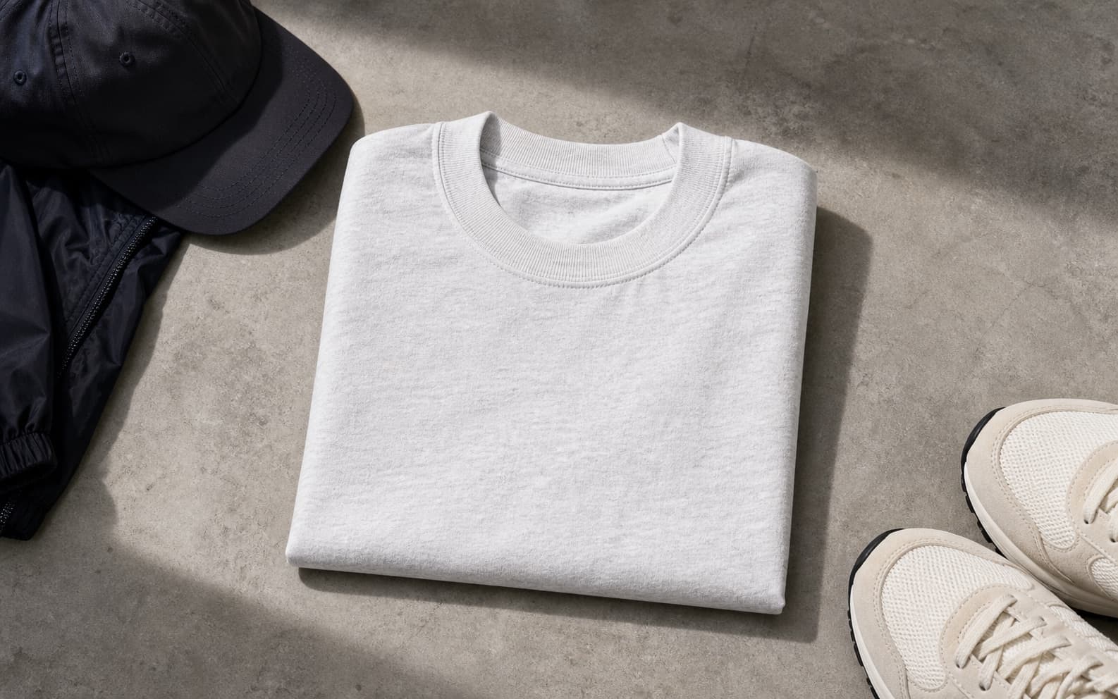 A heavyweight white athletic T-shirt folded on concrete with cream sneakers nearby.