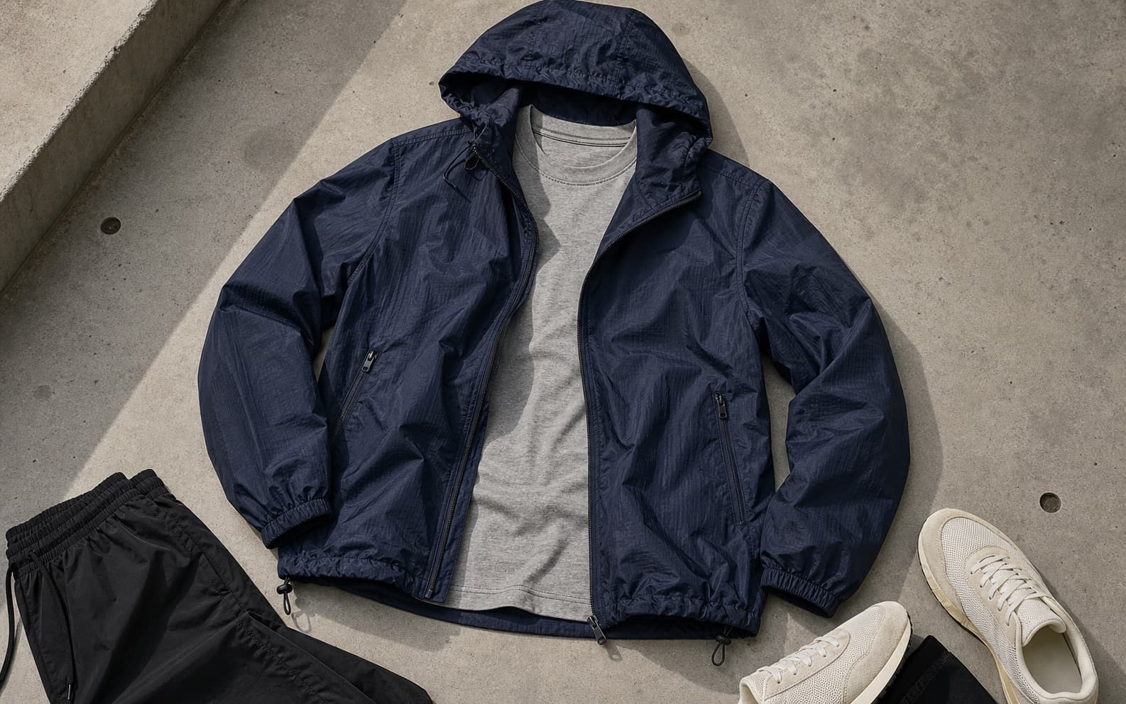 A navy lightweight nylon windbreaker laid over a gray T-shirt with black pants nearby.