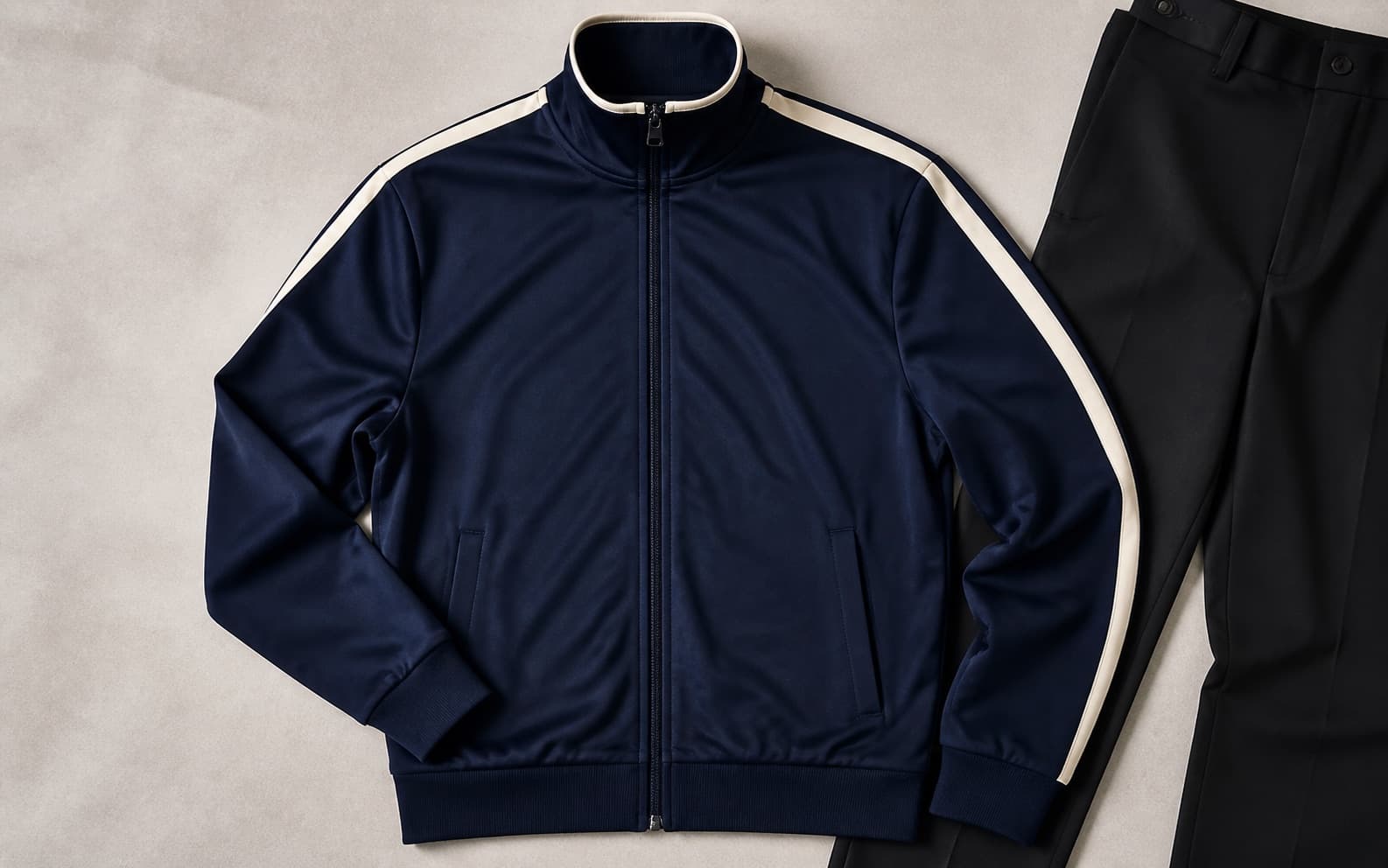 A navy retro track jacket with a single cream stripe laid beside dark pants.