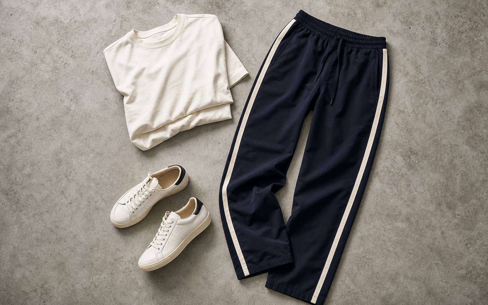 Navy track pants with a clean side stripe laid beside a white tee and sneakers.