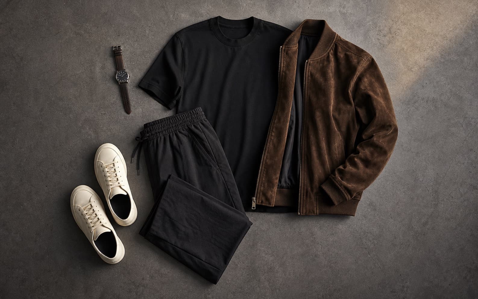 A black heavyweight tee, dark trouser, suede bomber, and minimal sneakers arranged as a dinner outfit.