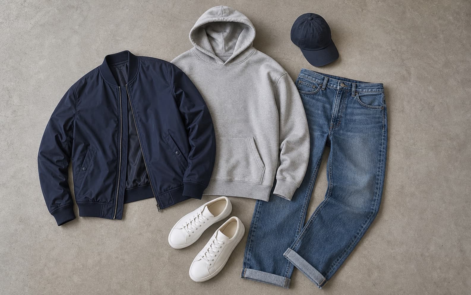 A structured gray hoodie, relaxed jeans, clean sneakers, and navy bomber arranged as an outfit.