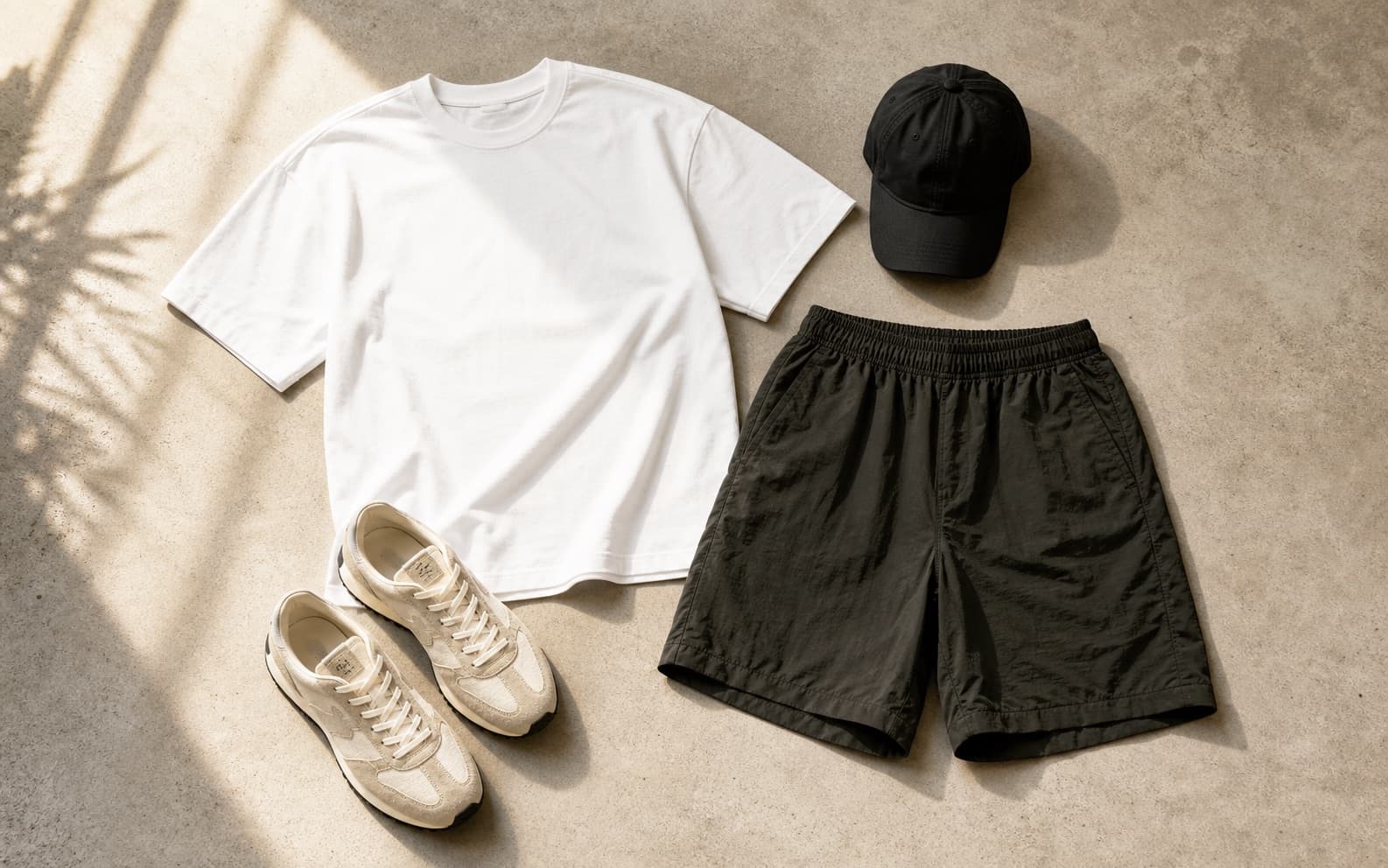 A heavyweight white tee, structured nylon shorts, retro runners, and black cap arranged as a summer outfit.