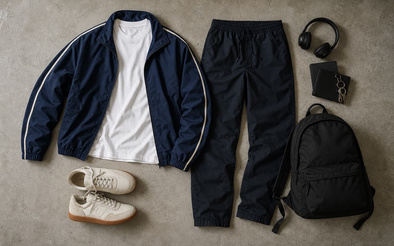 A heavyweight tee, navy track jacket, dark nylon pants, retro runners, and compact backpack arranged as a travel outfit.