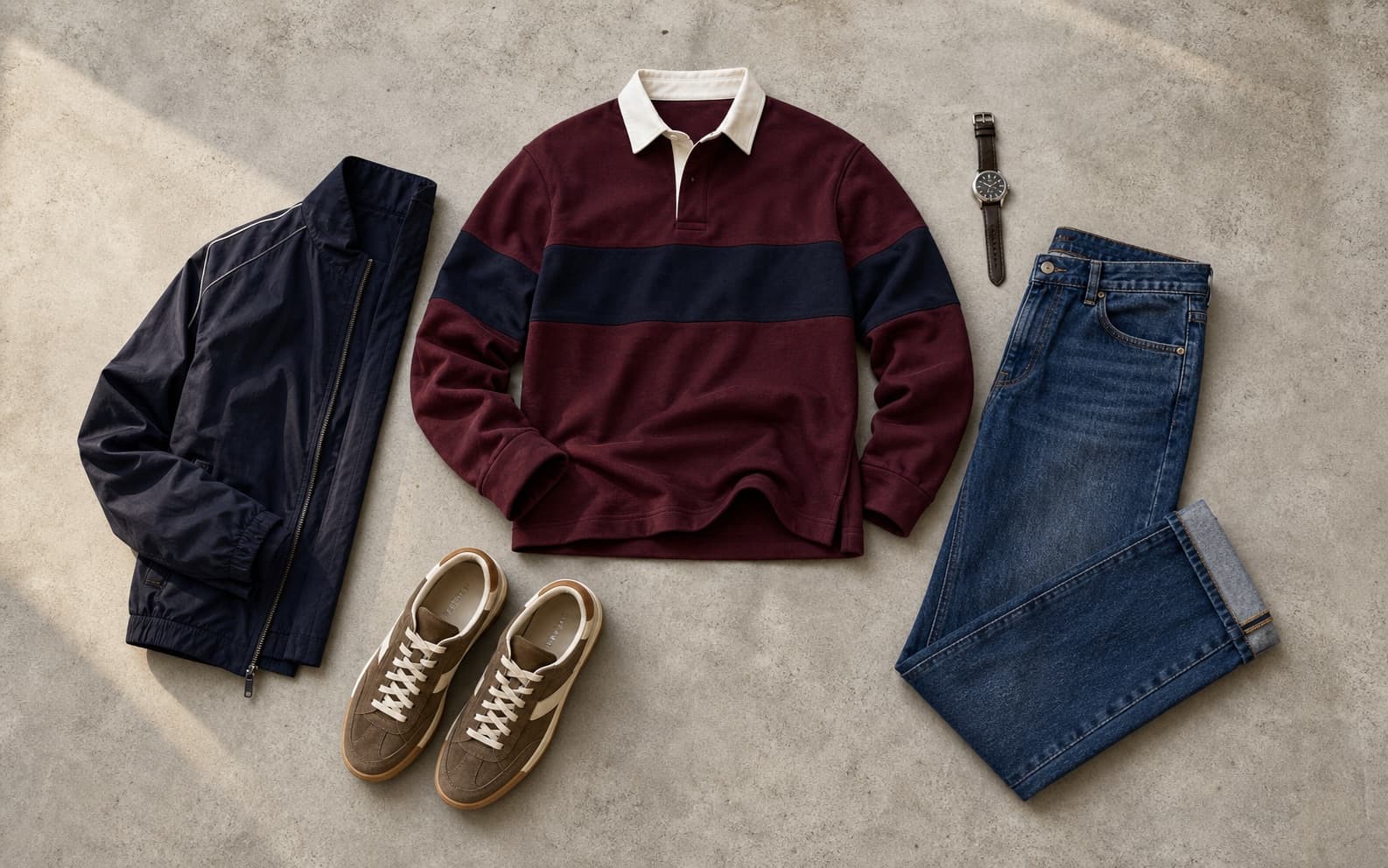 A retro rugby shirt, straight jeans, suede runners, and simple watch arranged as a weekend outfit.