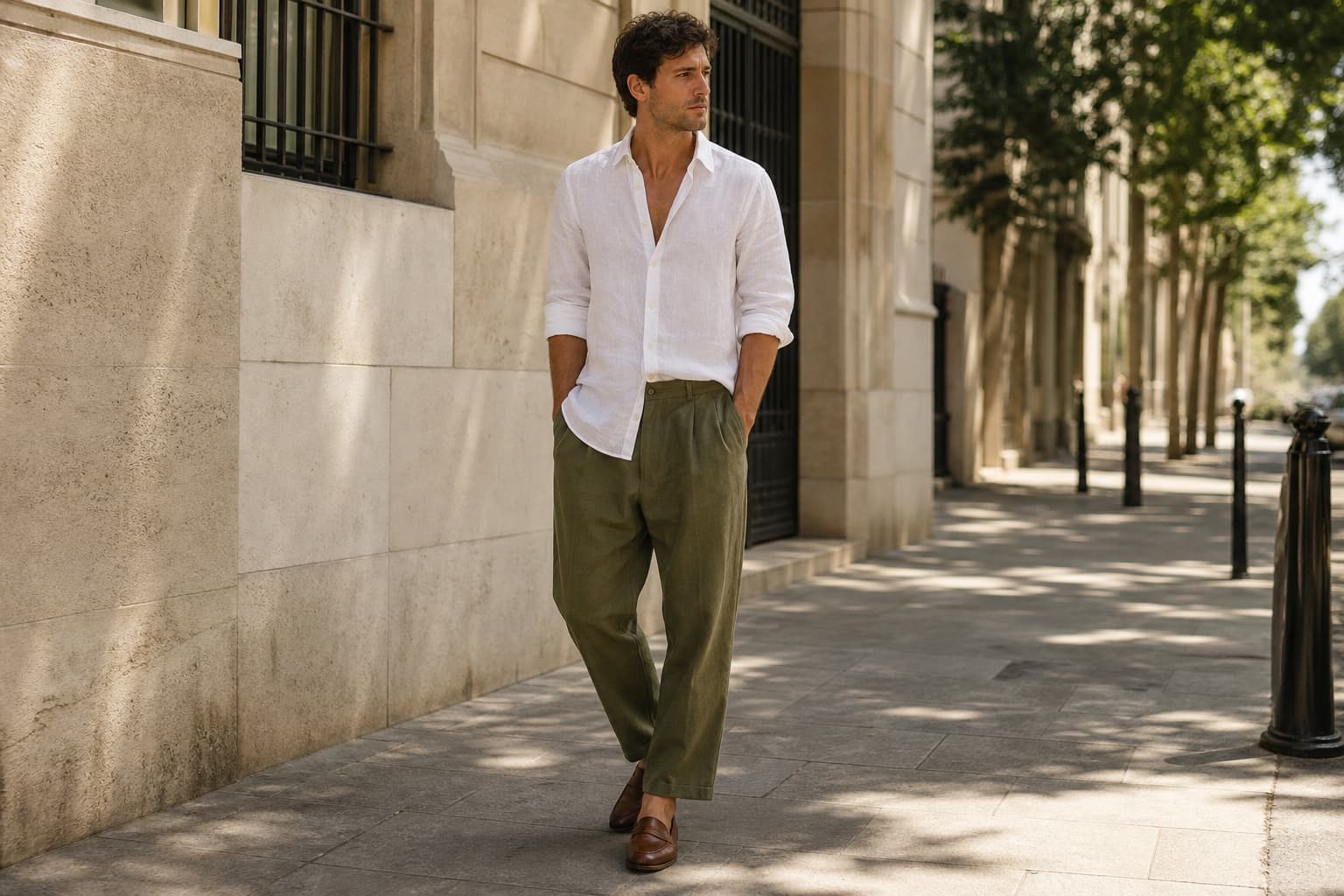 A man in a white linen shirt, olive relaxed trousers, and brown leather loafers on a hot city sidewalk.