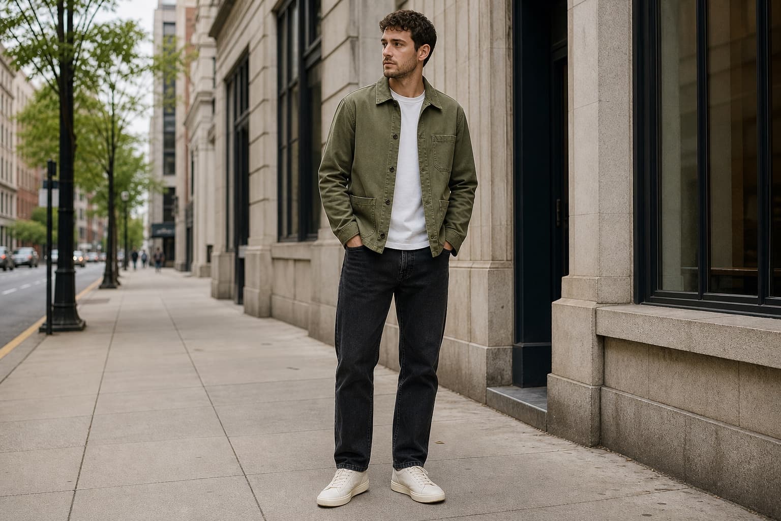 A man in an olive overshirt, white tee, faded black jeans, and cream leather sneakers on a mild city sidewalk.