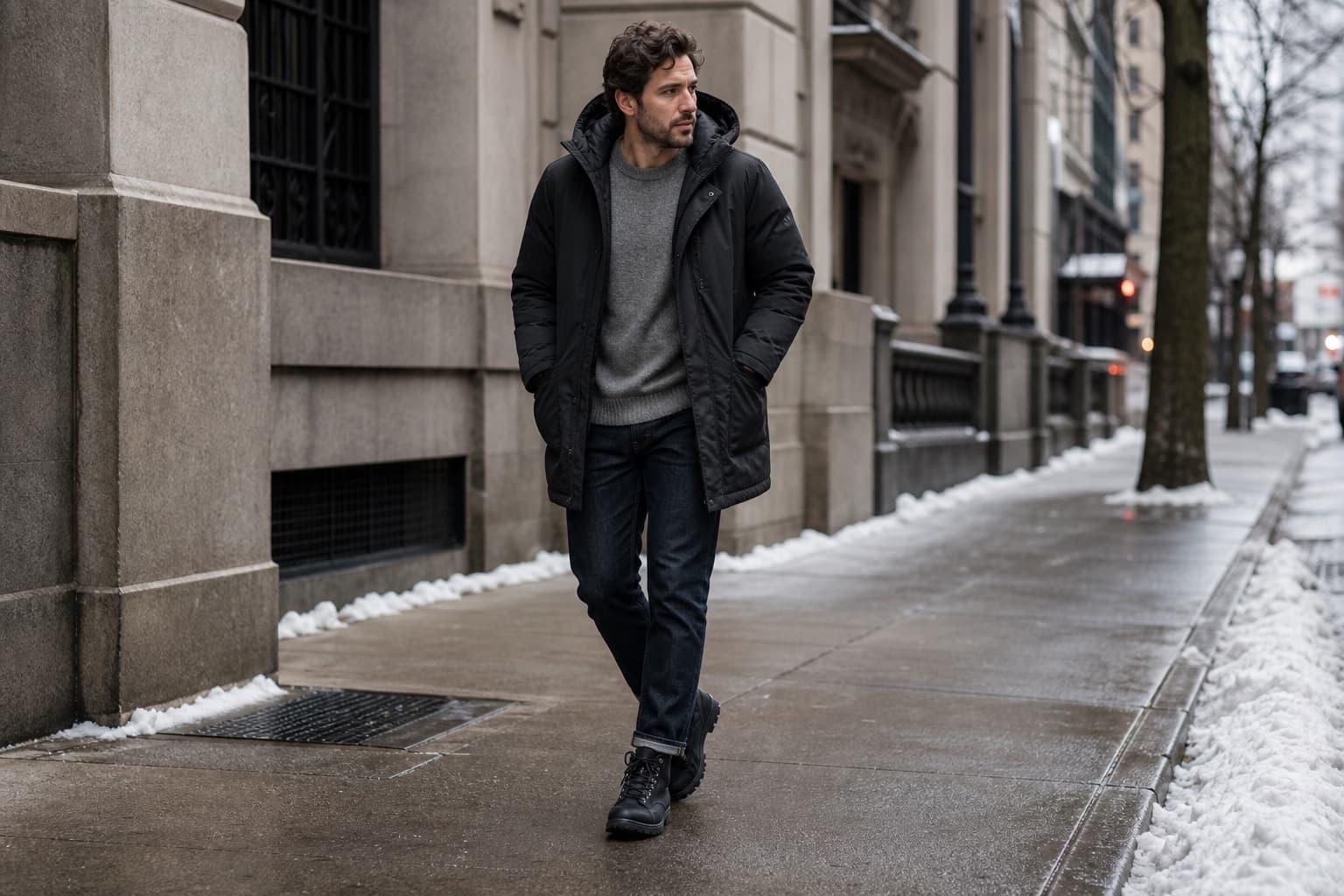 A man in a matte black insulated parka, grey wool sweater, dark straight jeans, and black insulated boots in cold weather.