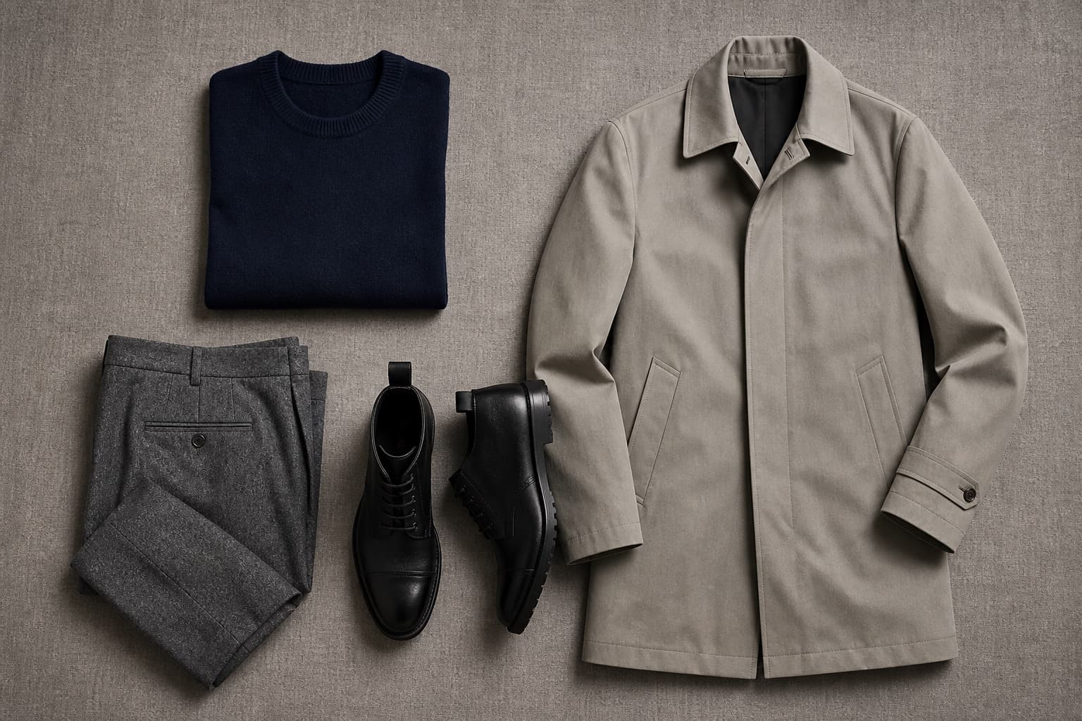 A flat lay of a navy merino sweater, grey trousers, black boots, and a stone mac coat on a neutral surface.