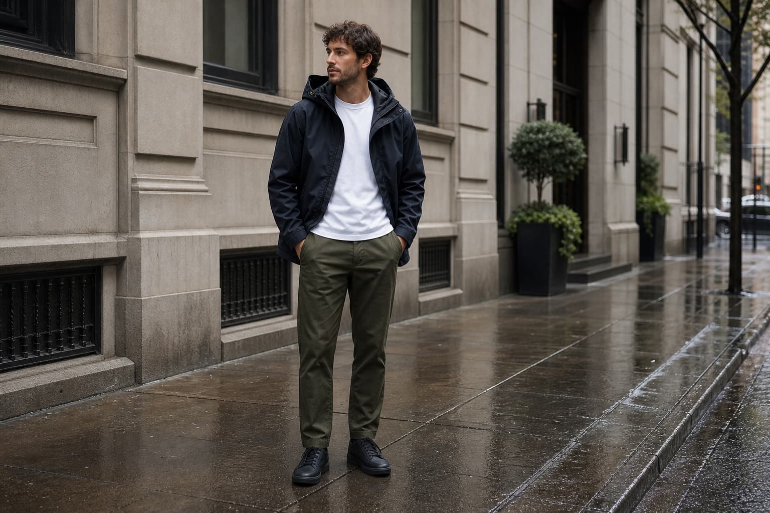 A man in a matte navy rain shell, white tee, olive trousers, and black waterproof sneakers on a wet city sidewalk.