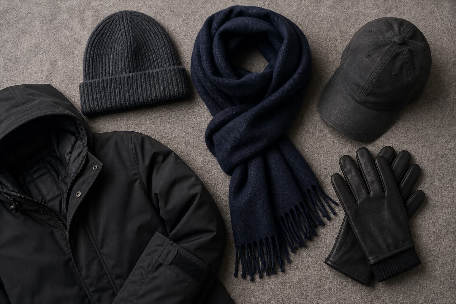 A flat lay of a charcoal beanie, navy scarf, muted cap, gloves, and black winter outerwear detail.