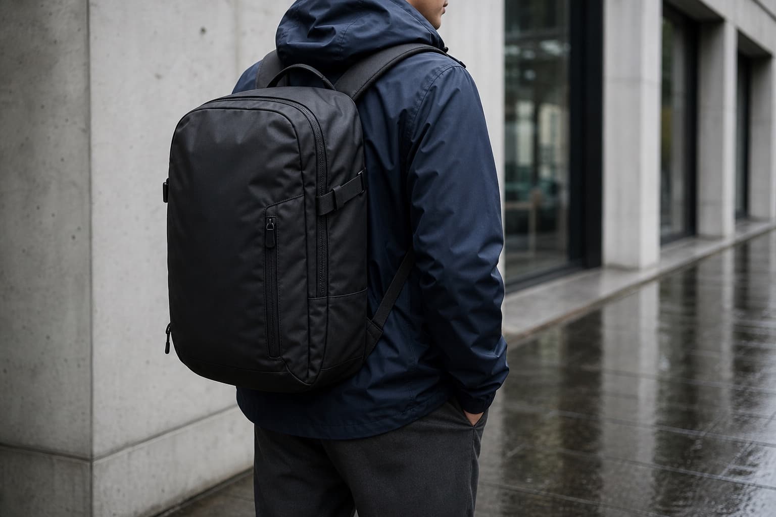 A close detail of a black technical backpack worn over a navy rain shell on a wet city sidewalk.