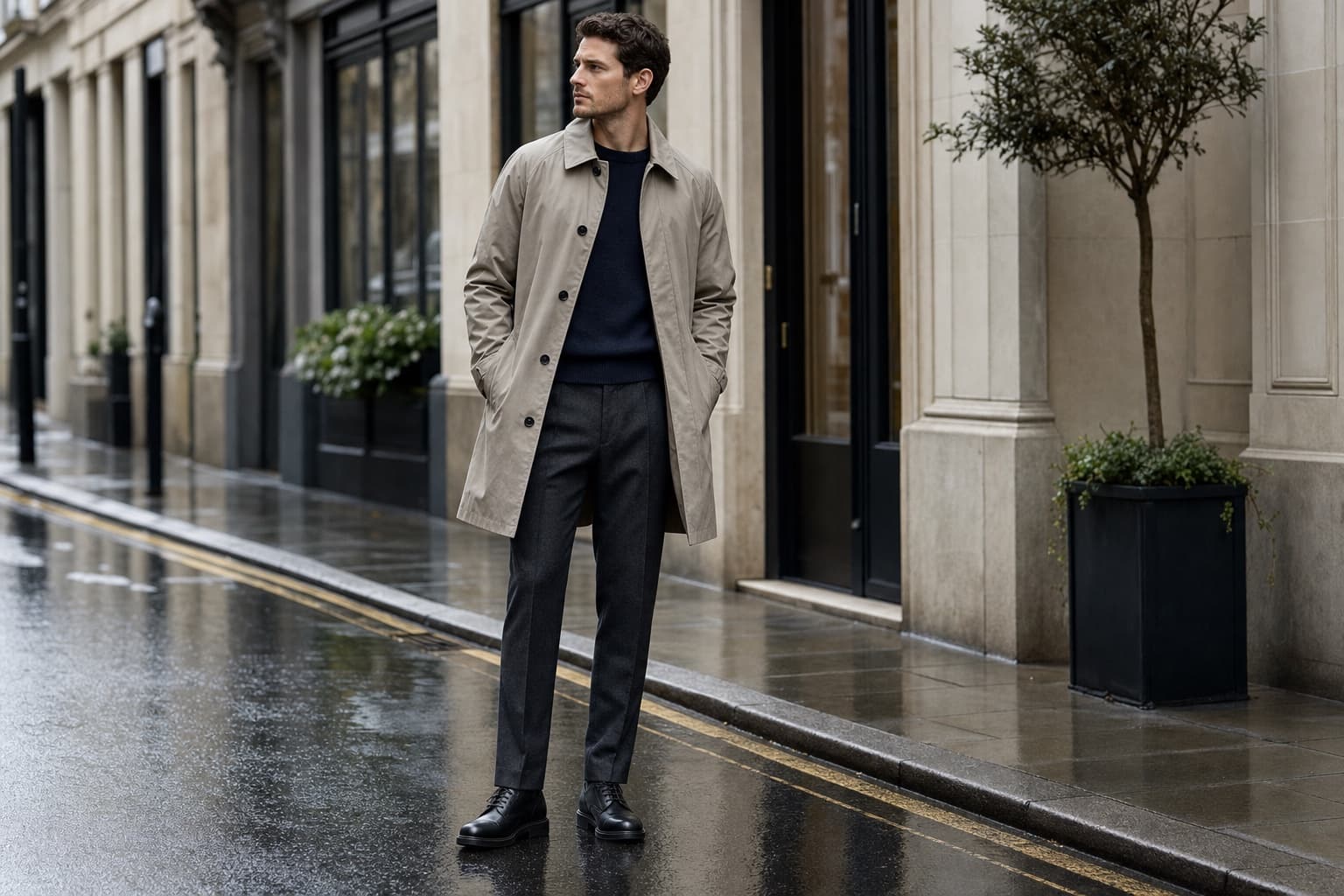 A man in a stone mac coat, navy knit, charcoal trousers, and black weather-ready shoes on a rainy city street.