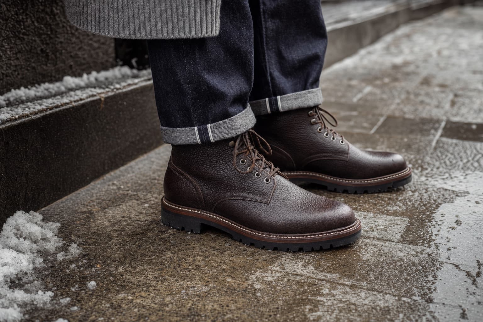 A close detail of dark brown lace-up weather boots with lug soles on a cold wet sidewalk.