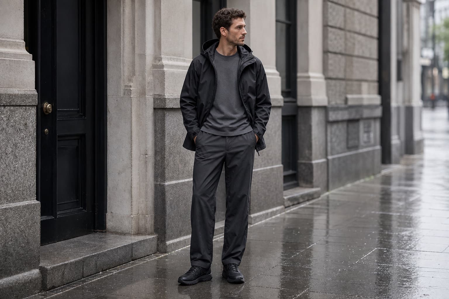 A man in charcoal technical trousers, black rain shell, grey tee, and black waterproof sneakers on wet pavement.