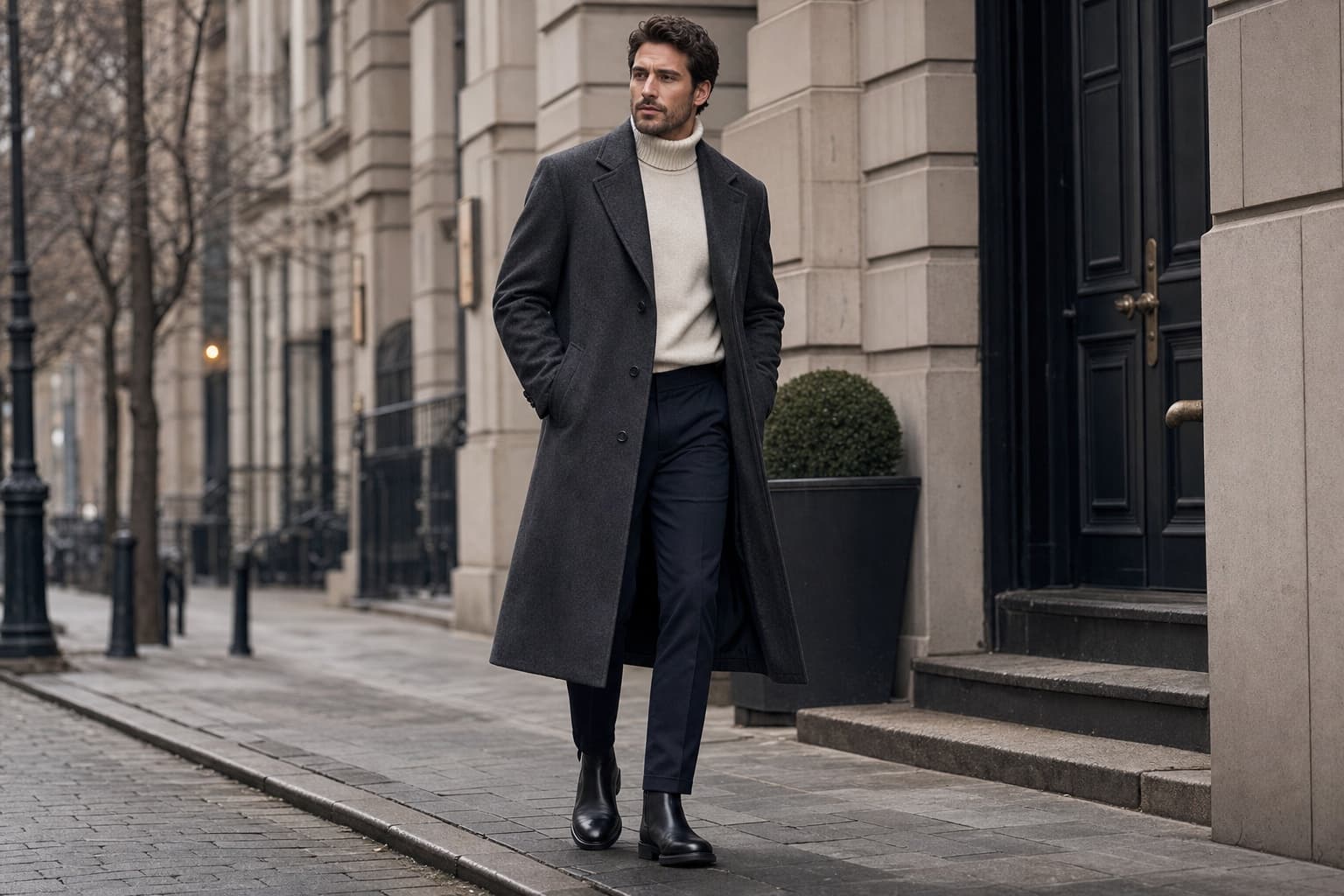 A man in a charcoal wool coat, cream turtleneck, dark trousers, and black leather boots on a cold city street.