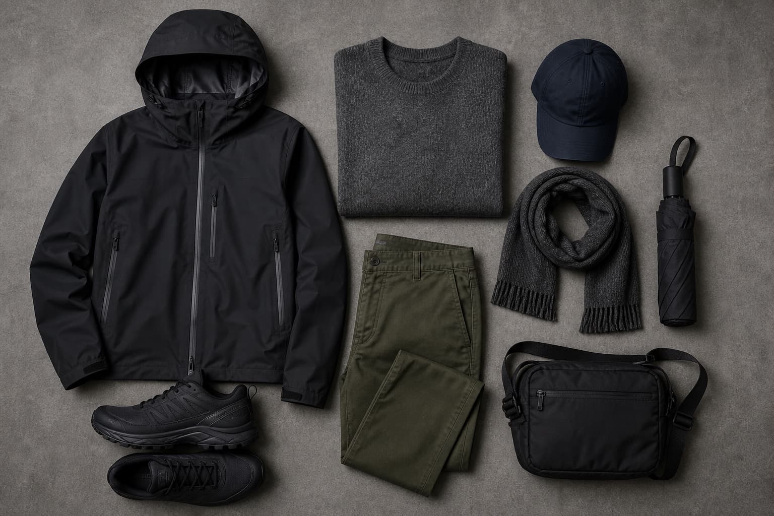 A flat lay of a black rain shell, grey sweater, olive trousers, black sneakers, navy cap, scarf, crossbody bag, and umbrella.