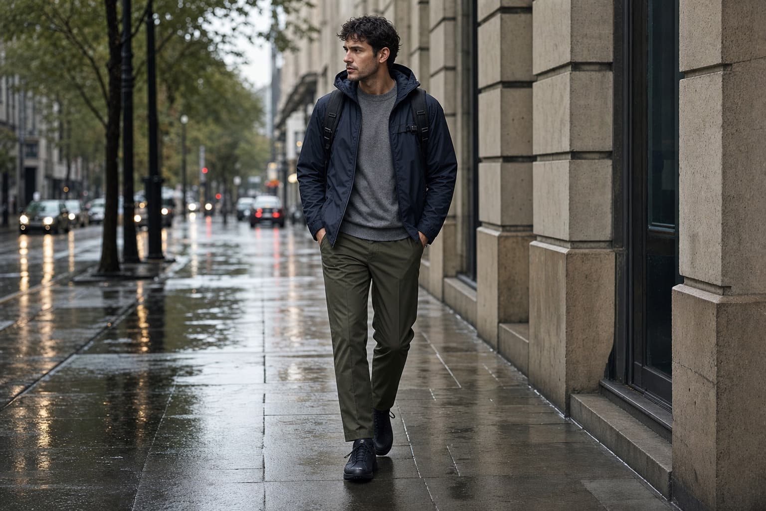 A man in a navy rain shell, grey knit, olive trousers, waterproof sneakers, and black technical backpack on a rainy city sidewalk.