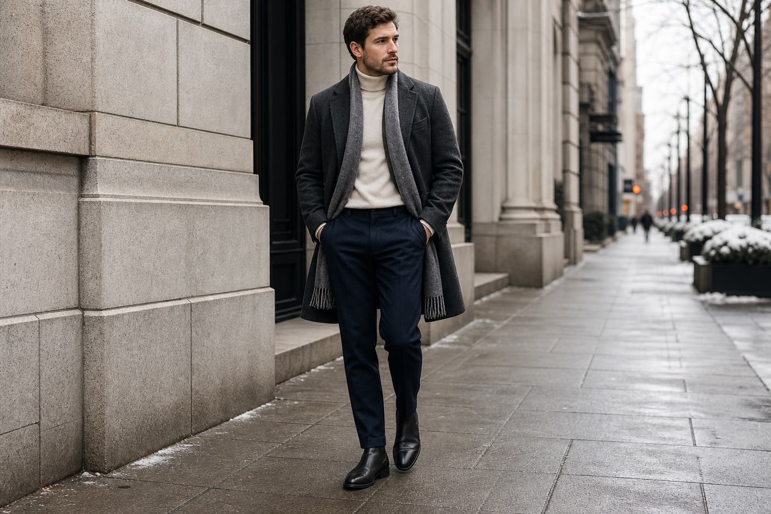 A man in a charcoal wool coat, cream turtleneck, navy trousers, black leather boots, and a gray scarf walking on a cold city sidewalk.
