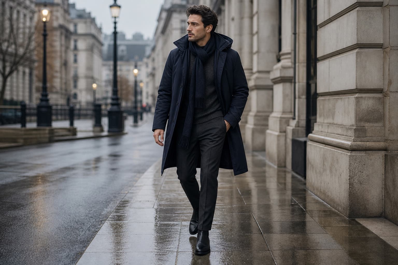 A man in a navy premium weather coat, charcoal knit, dark trousers, black boots, and matching scarf on a refined city street.
