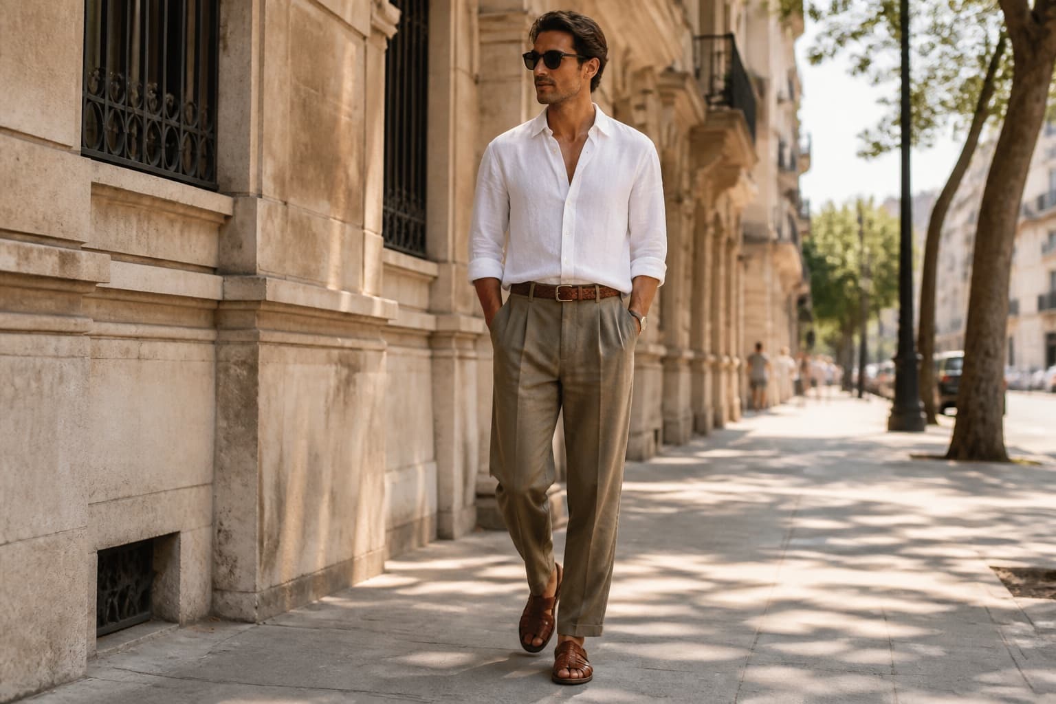 A man in a white linen shirt, relaxed olive trousers, brown loafers, and sunglasses on a hot city sidewalk.