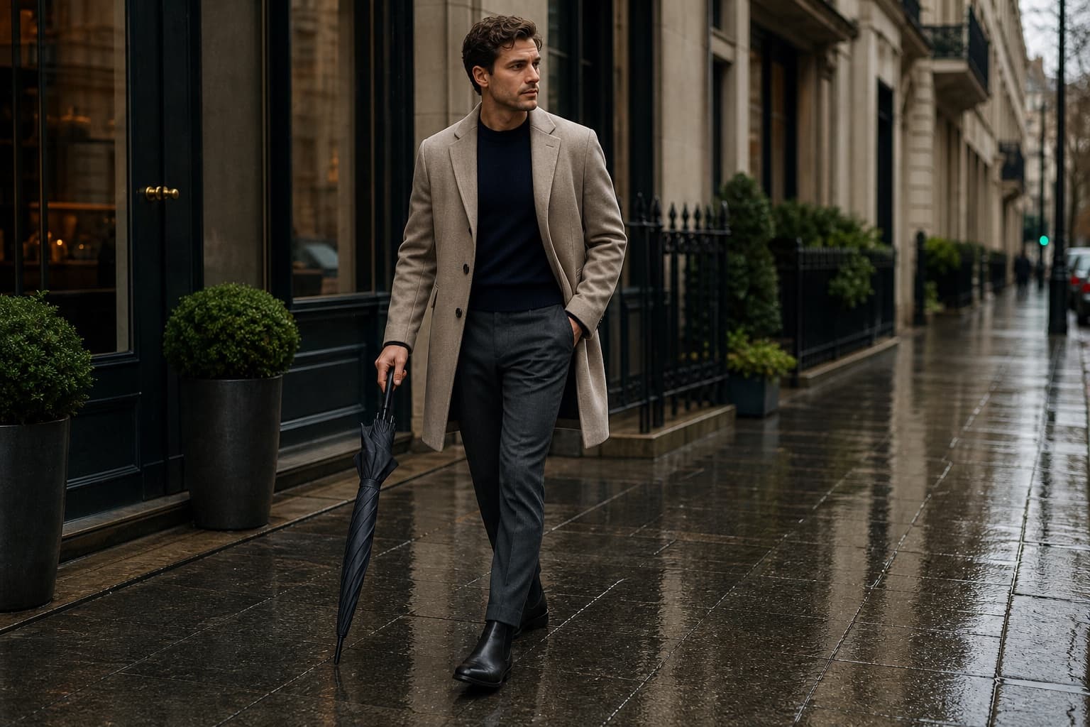 A man in a stone mac coat, navy sweater, charcoal trousers, and black Chelsea boots on a rainy city street.