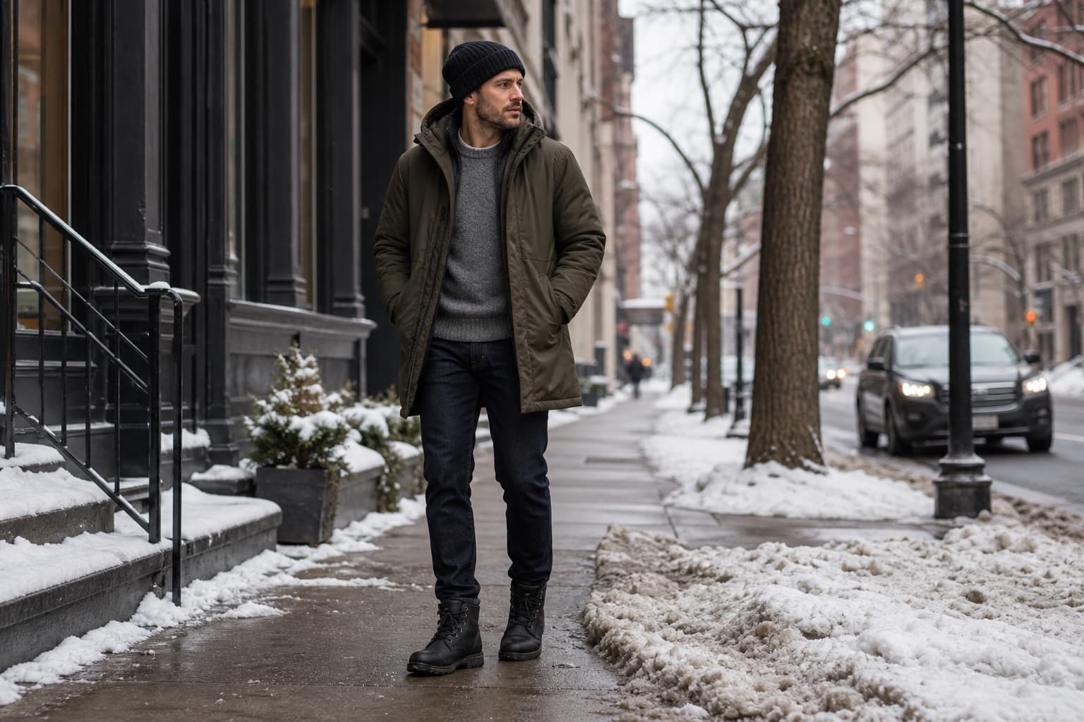 A man in an insulated parka, grey wool sweater, dark straight jeans, black boots, and beanie on a snowy city sidewalk.