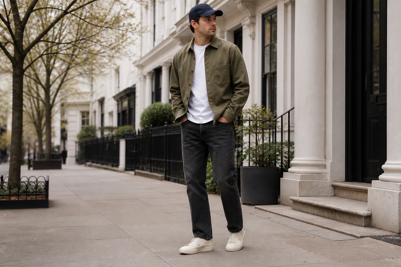 A man in an olive overshirt, white tee, faded black jeans, cream leather sneakers, and navy cap on a mild city sidewalk.