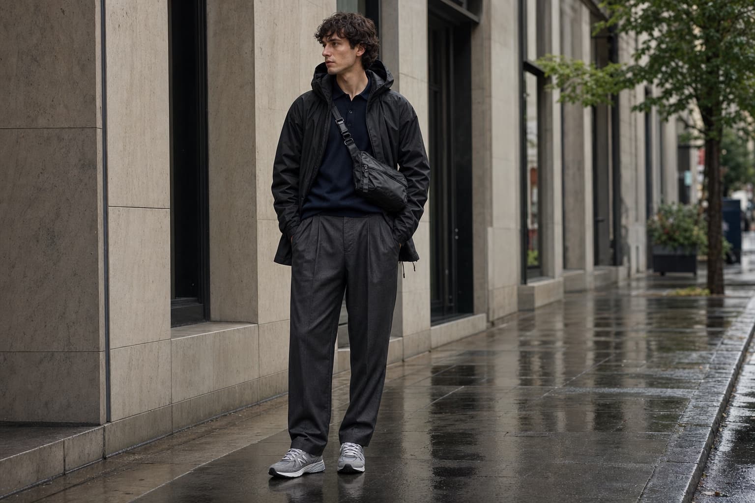 A man in a black technical rain shell, navy knit polo, charcoal pleated trousers, grey retro runners, and technical crossbody bag.