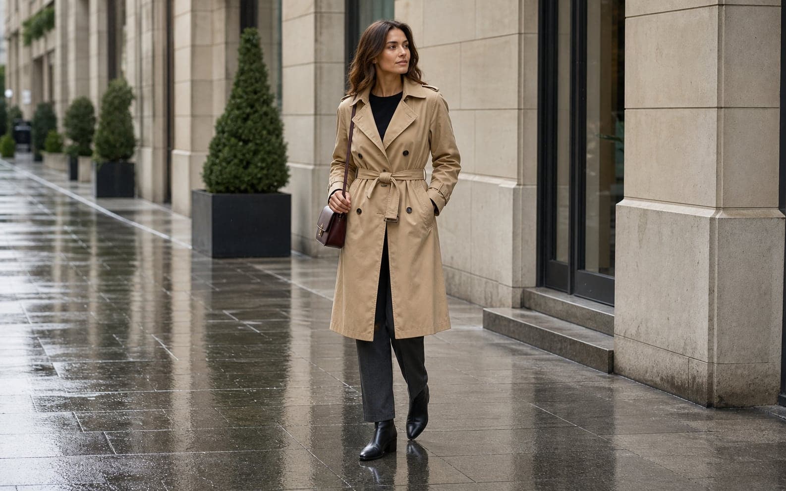 A woman wearing a belted beige trench coat, black knit top, charcoal trousers, and black waterproof ankle boots on a wet city sidewalk.