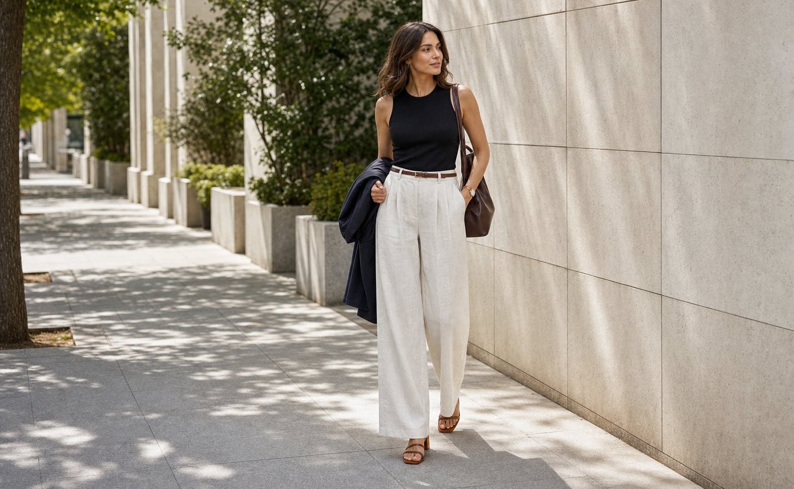 A woman wearing ivory linen trousers, a black sleeveless knit, and brown sandals on a warm city sidewalk.