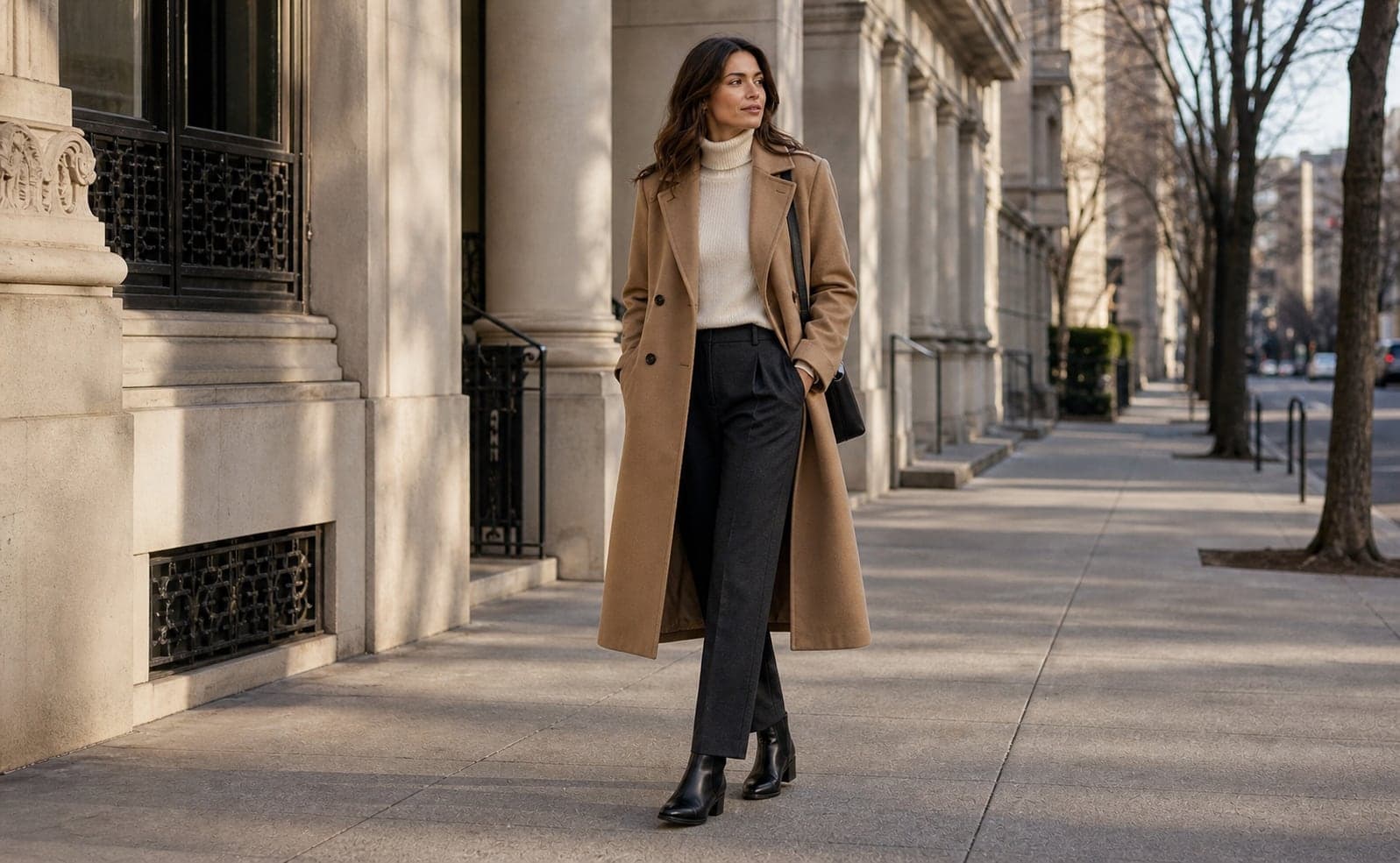 A woman wearing a long camel wool coat, cream turtleneck, dark trousers, and black leather ankle boots on a cold city street.