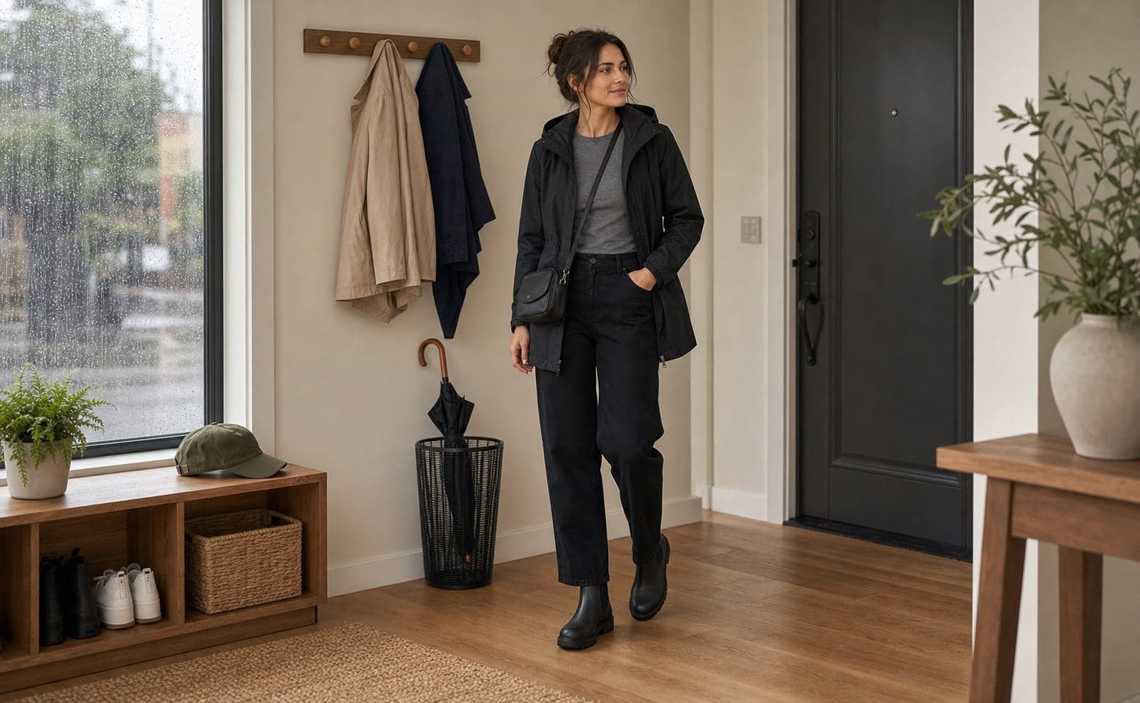 A woman wearing a clean black outer layer, grey fitted base top, straight black pants, weather-ready ankle boots, and a crossbody bag in an entryway.