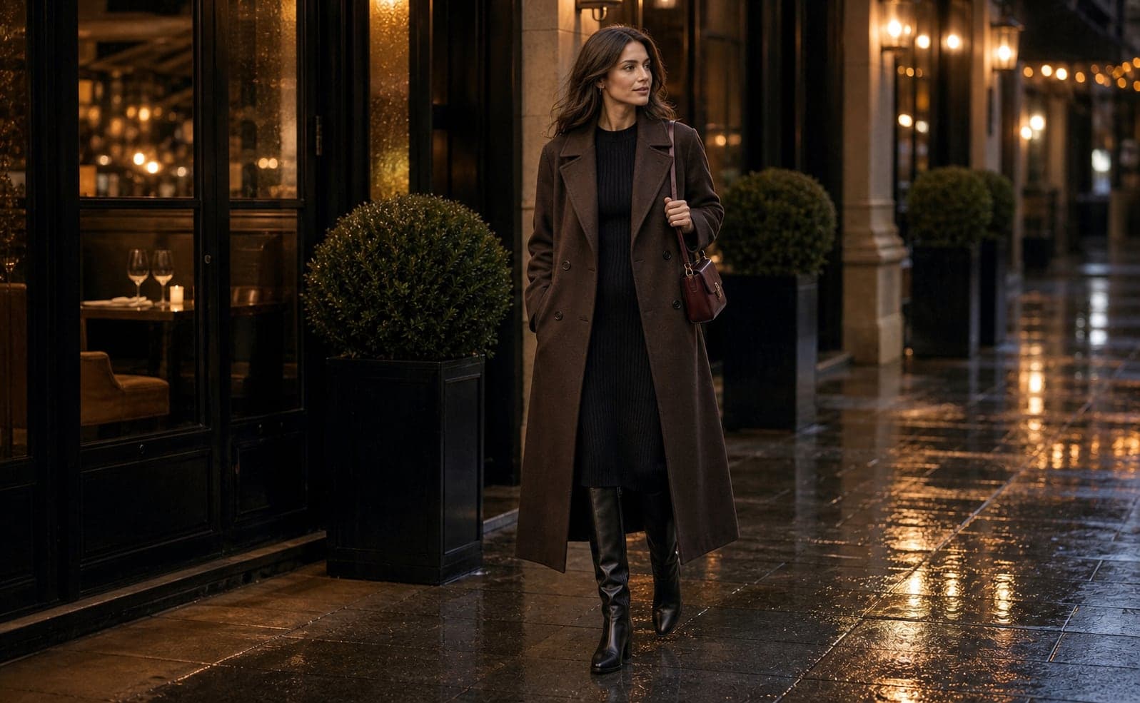 A woman wearing a long chocolate wool coat, black knit dress, black tall boots, and a burgundy shoulder bag on a rainy evening street.