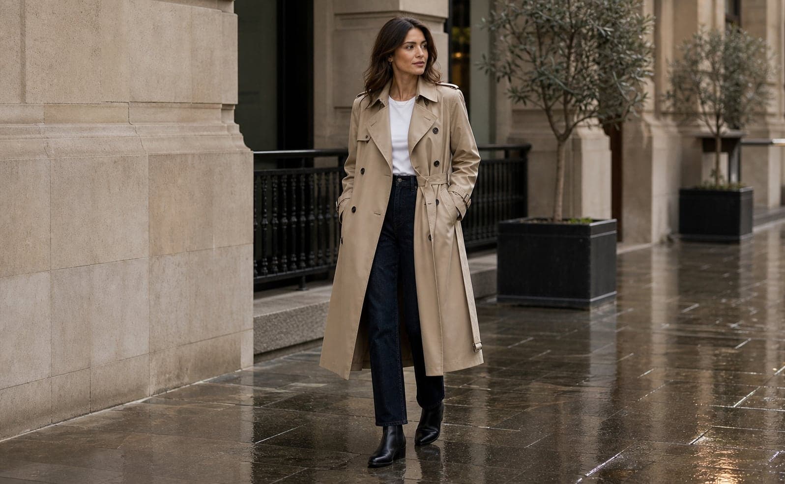 A woman wearing an investment beige trench, white cotton top, dark denim, and sleek waterproof black ankle boots on a rainy city block.