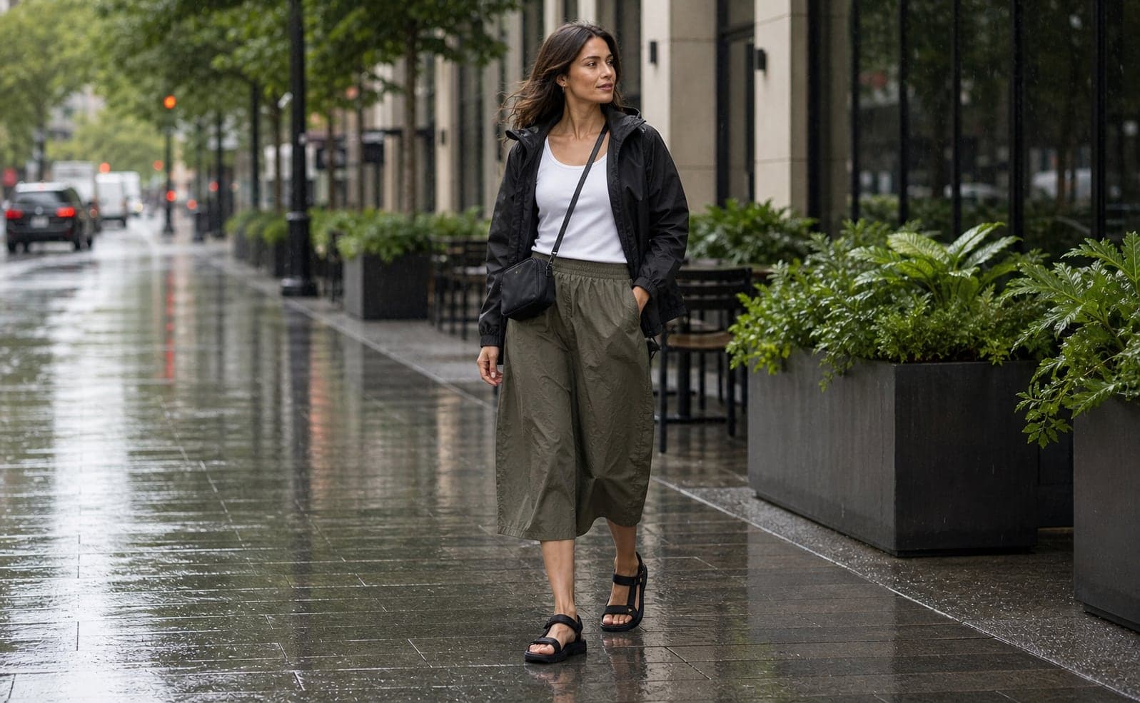 A woman wearing a cropped black rain shell, white cotton tank, olive nylon midi skirt, and black waterproof sandals on a warm rainy sidewalk.
