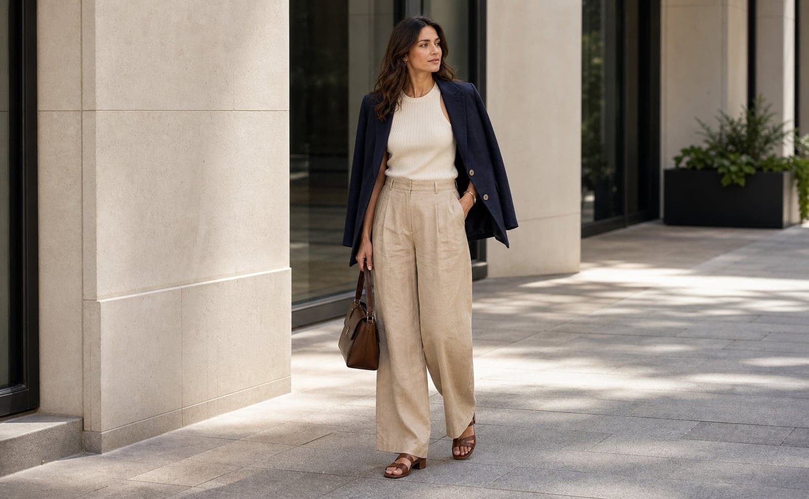 A woman wearing an ivory sleeveless knit, tan linen trousers, navy lightweight blazer, and brown sandals outside a summer office entrance.