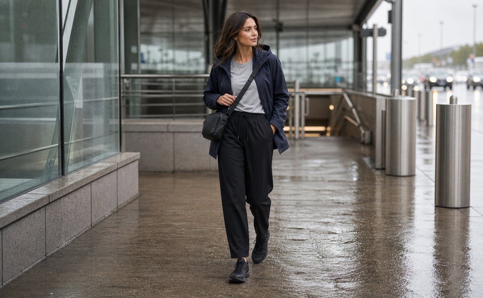 A woman wearing a navy packable shell, grey tee, black pull-on trousers, waterproof sneakers, and a nylon crossbody near a transit entrance.