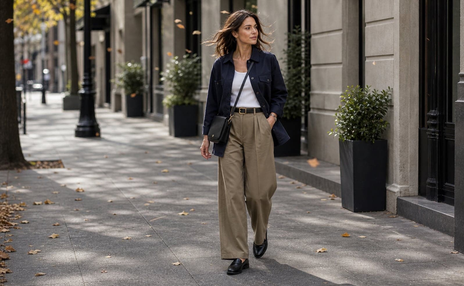 A woman wearing a navy overshirt, white ribbed tank, khaki wide-leg trousers, black loafers, and a crossbody bag on a windy city sidewalk.