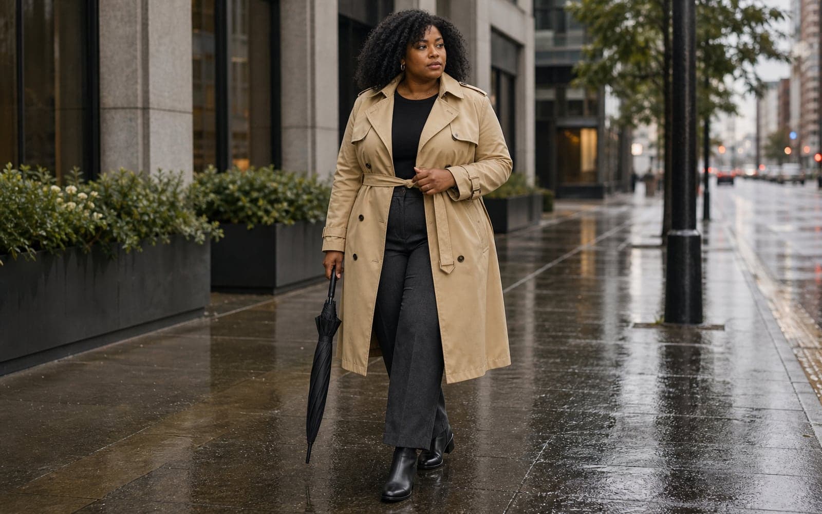 A woman in a belted trench coat, black knit top, charcoal trousers, and waterproof ankle boots walking on a rainy city office sidewalk with an umbrella.