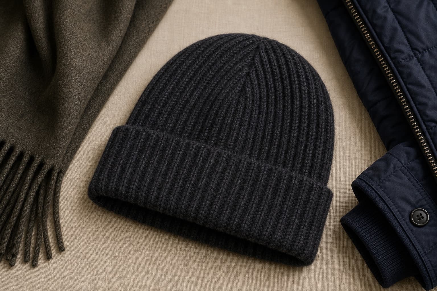 Ribbed wool beanie arranged with scarf and coat texture.